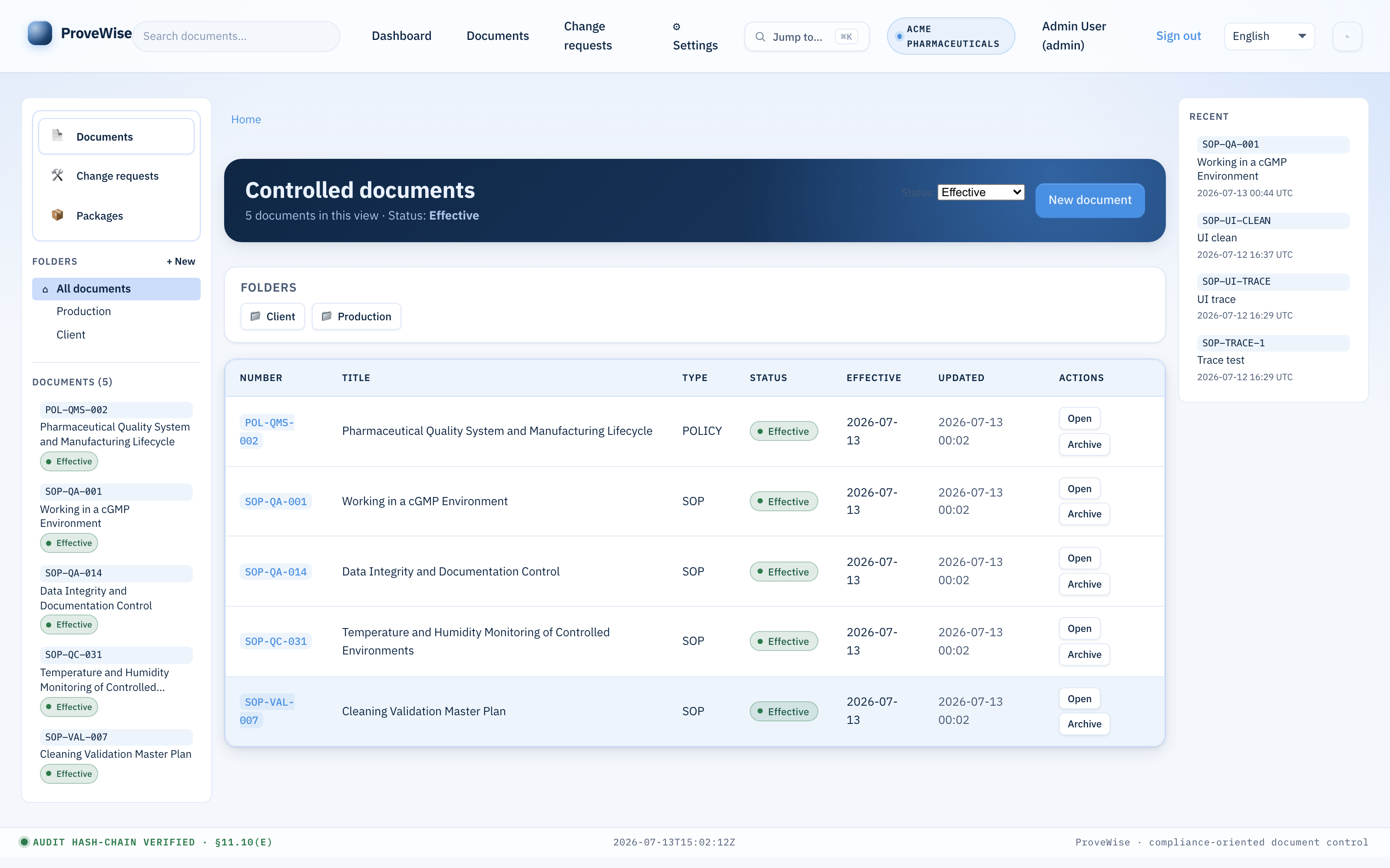 ProveWise documents workspace with folder tree and inline reader